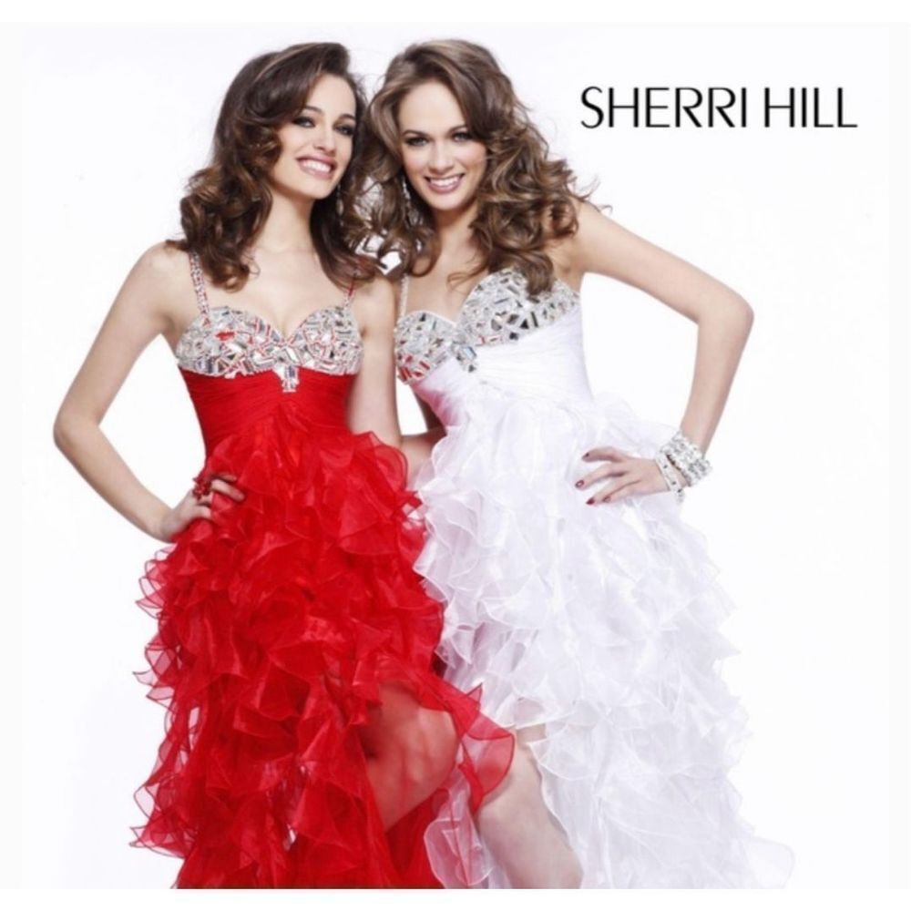 Womens Sherri Hill 2838 Red Organza Ornate Prom Holiday Ball Gown Dress - Size 8